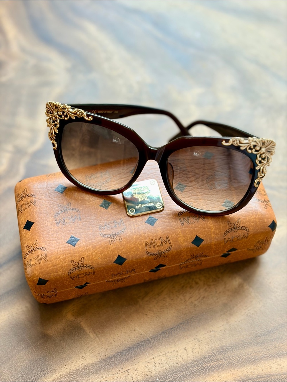 MCM Dark Brown Cat-Eye Sunglasses with Gold Filigree